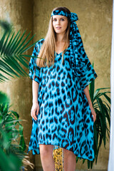 woman leopard blue print summer dress