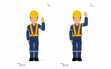 An industrial worker is raising hand