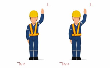 An industrial worker is raising hand