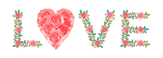 The inscription is Love with flowers and leaves, with pink roses in the form of heart for card, print, poster, packaging. Valentine's day, Happy birthday. Watercolor