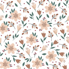 Beige brown flowers pattern, cute garden illustration, flowers, florals and, herbs seamless pattern