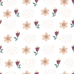 Fototapeta premium pink red beige flowers, cute florals, autumn flowers, seamless pattern on white