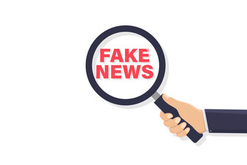 Hand holding a magnifying glass looking for fake news vector illustration