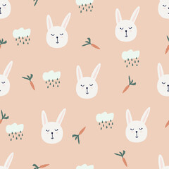 Cute bunny with couds and carrot pattern, rabbit face, white bunny face