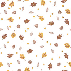 Autumn fall leaves on white background, seamless pattern, brown, yellow, leaf, leaves, fall, cute nature