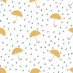 Yellow umbrellas pattern, seamless pattern, rain, drops,  spring, autumn, fall, rainy weather pattern