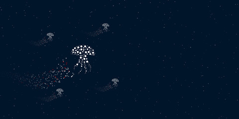 Obraz na płótnie Canvas A jellyfish symbol filled with dots flies through the stars leaving a trail behind. Four small symbols around. Empty space for text on the right. Vector illustration on dark blue background with stars