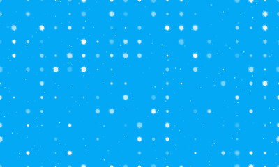 Seamless background pattern of evenly spaced white sea urchin symbols of different sizes and opacity. Vector illustration on light blue background with stars