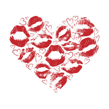 heart made of red lipstick prints on a white background