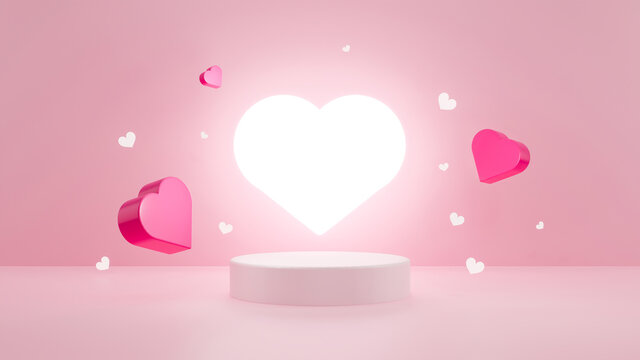 3D Render Valentine's Day Stage podium with glowing heart decoration Product display stage for presentation