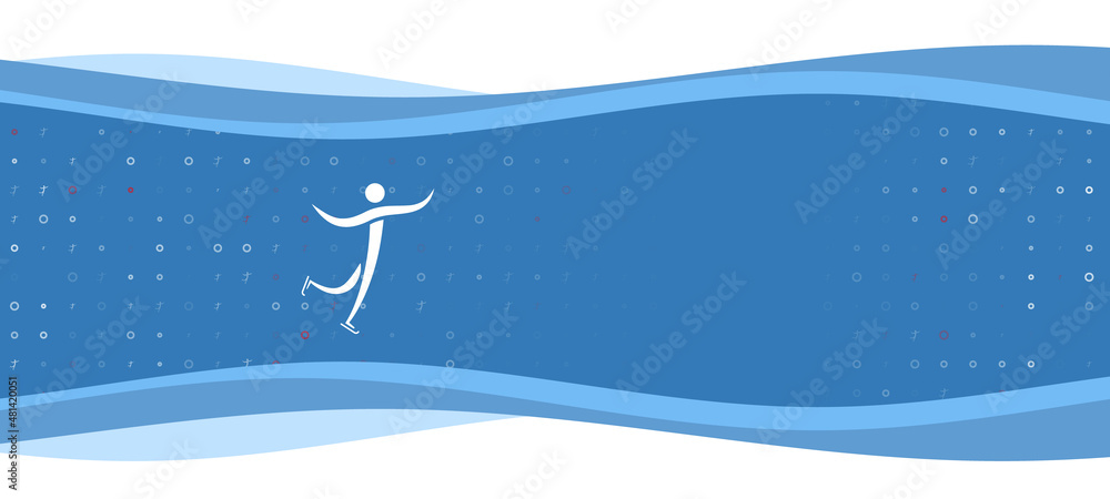 Poster blue wavy banner with a white figure skating symbol on the left. on the background there are small w