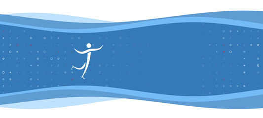 Blue wavy banner with a white figure skating symbol on the left. On the background there are small white shapes, some are highlighted in red. There is an empty space for text on the right side