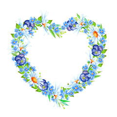 Floral wreath with forget-me-nots, pansies, chamomile  in the form of heart for card, print, poster, packaging. Valentine's day, Hello Spring, Mother's Day. Watercolor