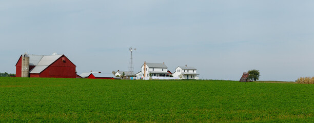 Amish Farm Setting with a Red Barn and Green Hay Field in Ohio's Amish Country