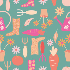 Gardening symbols seamless repeating pattern illustration on turquoise background