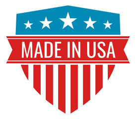 Made in USA banner. Shield emblem in american flag style