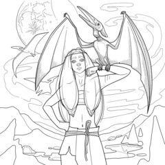 A cute girl with long hair stands holding a pterodactyl on her forearm surrounded by a hilly landscape. © Ekaterina Glazkova