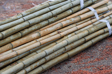 a bunch of felled bamboo for construction is wrapped with tape