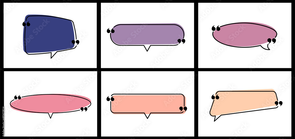 Poster set of isolated colorful speech bubbles with quotation mark of long shape templates.