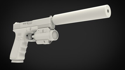 White modern handgun with silencer and laser sight attachment