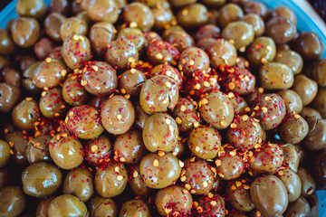 Green and black olives. in water salted fresh. olive oil