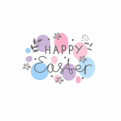 Happy Easter text with branch and flowers. Vector illustration isolated on white background