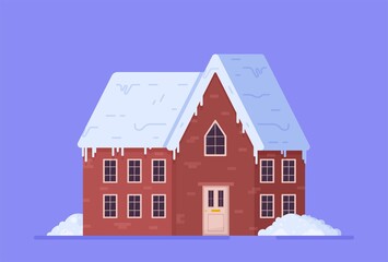 Vector illustration of winter house. Christmas card background poster. Concept of Christmas snow-covered snow-covered house isolated on purple background.