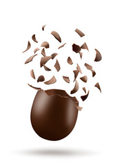 Broken chocolate easter egg with exploded eggshell, on white background