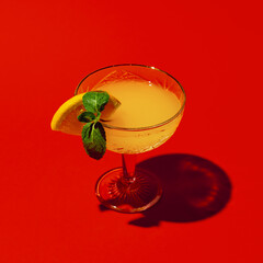 Top view of glass with screwdriver cocktail isolated on bright red neon background. Concept of taste, alcoholic drinks