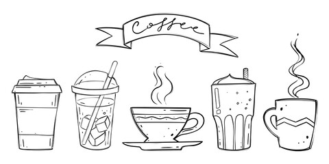 Set of coffee cups, vector illustration, monochrome
