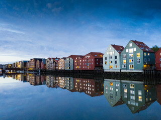 Colorful houses over water in Trondheim, Norway