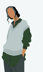 Vector flat image of a girl in a vest, shirt and pants. Young attractive girl with dark hair. Design for postcards, posters, backgrounds, avatars, templates, textiles.