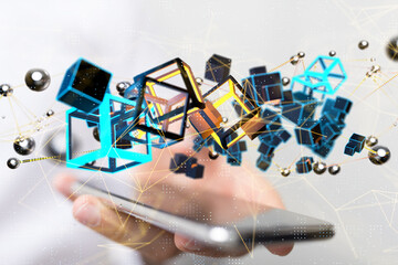 Neural network 3D illustration. Big data and cybersecurity