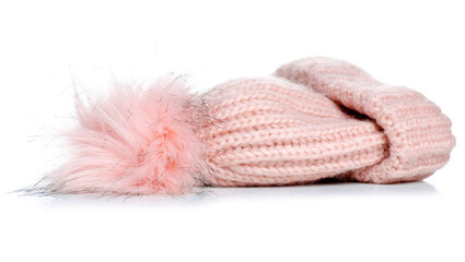 Pink warm hat for girls on white background isolation