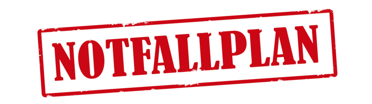 Roter zerkratzter Stempel mit dem Wort "NOTFALLPLAN", isoliert auf weissem Hintergrund