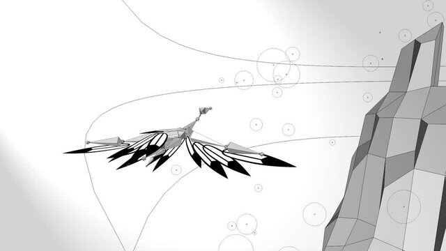 3d animation a robotic stork flying on sky with a flow of particles