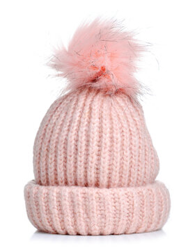 Pink warm hat for girls on white background isolation