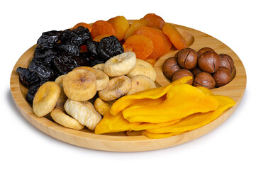 Wooden plate with dried fruits and nuts on white background isolation