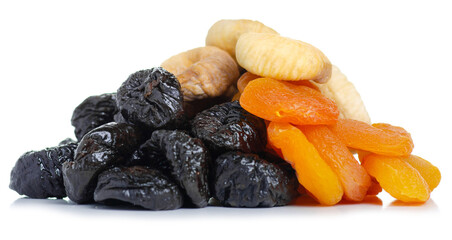 dried fruit apricots, prunes, figs on white background isolation