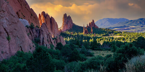 Garden of the gods rock formations with threatening clouds, near Colorado Springs, Colorado.