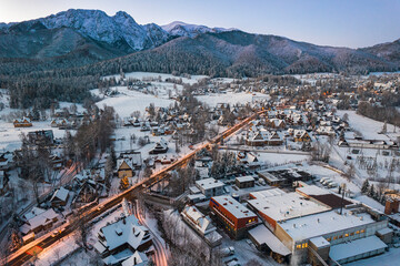Zakopane Winter Capital of Poland. Aerial Drone Panoramic View at Sunrise