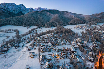 Zakopane Cityscape in Winter with Giewont Mountain. Drone View