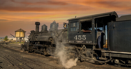 Antonio, Colorado - 9-21-2021: A steam engine locomotive at the Antonito station on the Cumbres and toltec scenic railroad, colorado