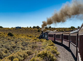 Antonio, Colorado - 9-21-2021: A steam engine locomotive and passenger cars on the Cumbris & Toltec scenic railroad near Antonio colorado