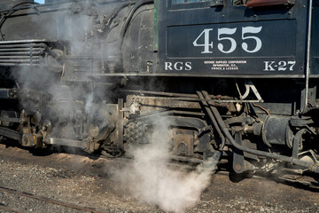 Antonio, Colorado - 9-21-2021: A a closeup of a steam engine locomotive at the Antonito station on the Cumbres and toltec scenic railroad, colorado