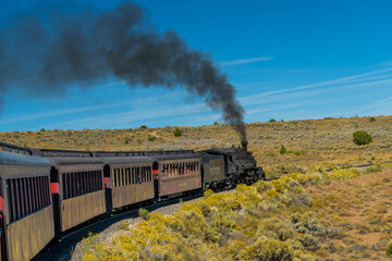 Antonio, Colorado - 9-21-2021: A steam engine locomotive and passenger cars on the Cumbris & Toltec scenic railroad near Antonio colorado