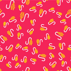 Line Electric plug icon isolated seamless pattern on red background. Concept of connection and disconnection of the electricity. Vector