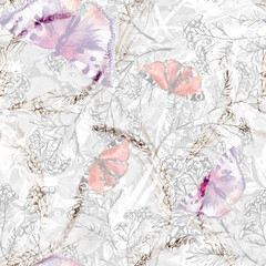 seamless watercolor background with butterflies.Floral pattern with a branch of permafrost, tansy, wild grass, immortelle. Watercolor paint splash.butterfly urticaria, Aglais urticae.wheat, spikelet
