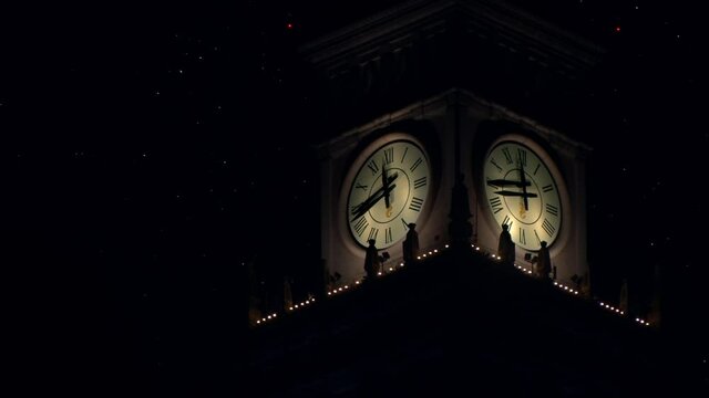 Midnight on the clock of the Palace of Culture and Science in Warsaw. Timelaps