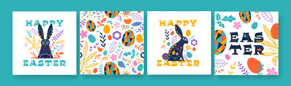Happy Easter folk rabbit spring flower card set